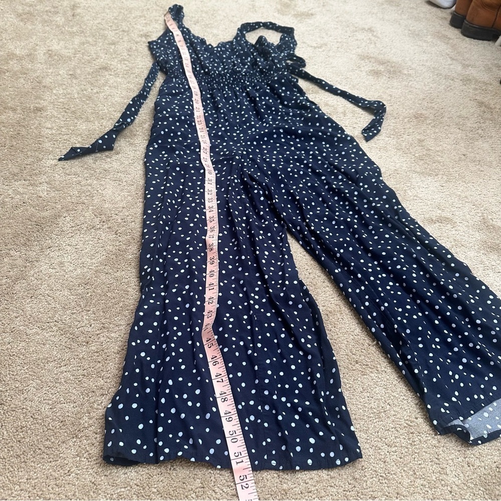 LOFT Size small Navy Blue Polka-dot Ankle Crop Wide Leg Jumpsuit with Pockets - Picture 6 of 8